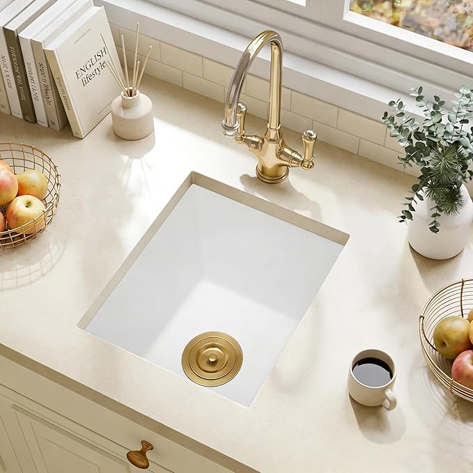 MILOSEN White Undermount Bar Sink, 13×15 Inch Small White Wet Bar or Prep Sink, 9 Inch Deep Granite Composite Outdoor Single Bowl Basin with Accessories, Small Quartz Sinks