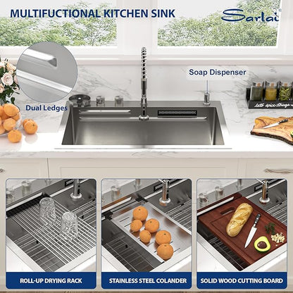Sarlai Waterfall Kitchen Sink 33 Inch Drop In Kitchen Sink with Waterfall Topmount 16 Gauge Stainless Steel 33x22 Inch Single Bowl Multifuction Workstation Top Mount Sinks with Double Knob