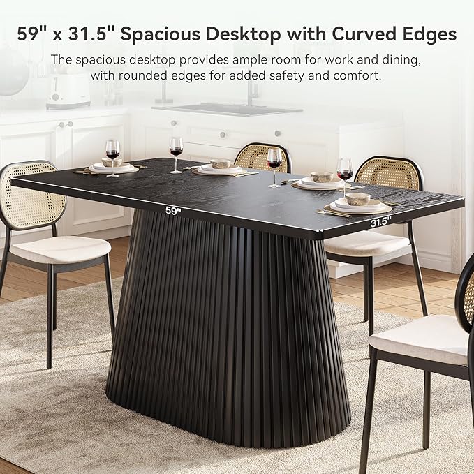 LITTLE TREE 59" Farmhouse Dining Table for 4-6 People, Modern Rectangular Kitchen Table with Metal Pedestal Base, Perfect for Dining Room, Kitchen, Living Room (Black)