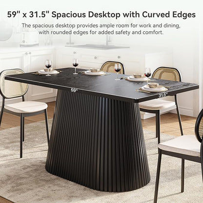 LITTLE TREE 59" Farmhouse Dining Table for 4-6 People, Modern Rectangular Kitchen Table with Metal Pedestal Base, Perfect for Dining Room, Kitchen, Living Room (Black)