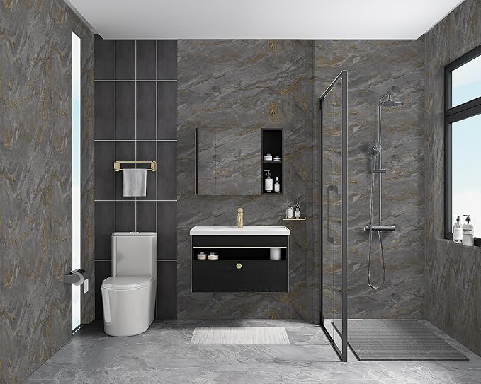 Abyssaly Marble Contact Paper Black Granite Peel and Stick Wallpaper for Countertop Self-Adhesive Thickening Kitchen Bathroom and Furniture (Grey Gold, 17.7" x 196")