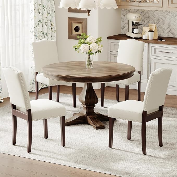 Upholstered Parsons Dining Chairs Set of 4, Modern Dining Room Chairs with Back, Fabric Kitchen Side Chairs with Wood Legs, Nailhead Trim for Dinner Farmhouse Restaurant, Beige