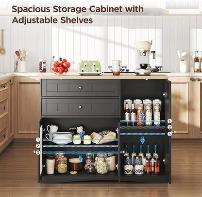 FiveWillowise Farmhouse Buffet Sideboard Cabinet, Black Storage Cabinet with Barn Doors and Drawers, Fluted Glass Doors & Adjustable Shelves, Coffee Bar with Storage for Kitchen, Living Room