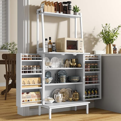 51” Pantry Cabinets with Adjustable Shelves, Small Kitchen Pantry Storage Cabinet with Microwave Shelves, Freestanding Buffet Cupboards Sideboard for Kitchen, Dining Room, Living Room Use (White)
