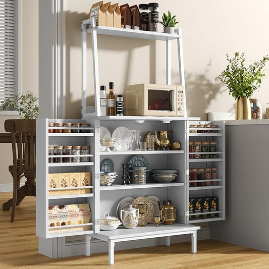 51” Pantry Cabinets with Adjustable Shelves, Small Kitchen Pantry Storage Cabinet with Microwave Shelves, Freestanding Buffet Cupboards Sideboard for Kitchen, Dining Room, Living Room Use (White)