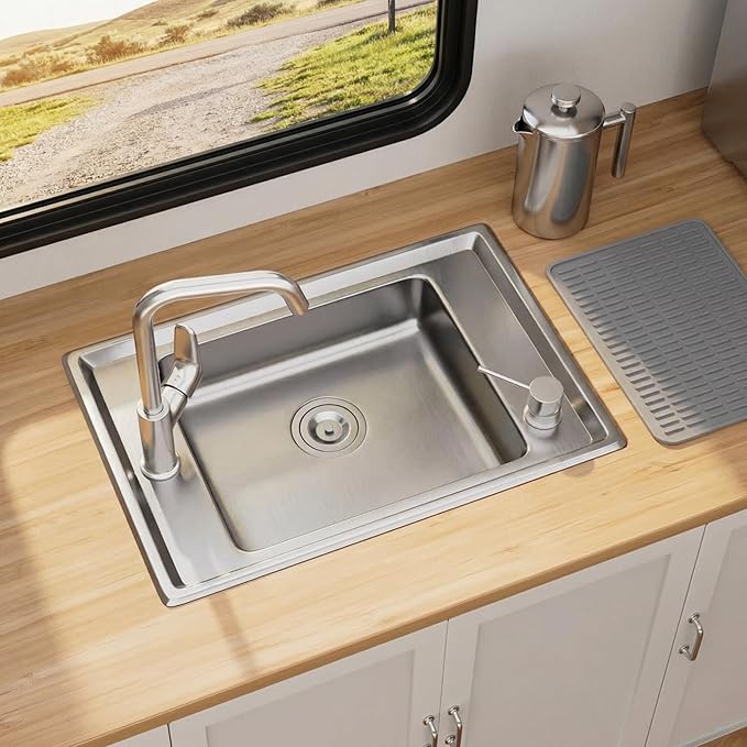 MILOSEN 25''x17'' RV Kitchen Sink, T304 Stainless Steel Drop In Top Mount Camper Sink, Single Bowl Basin with Pre-Drilled Holes & Strainer, 4" Deep Anti-Splash Sink for Mobile Building