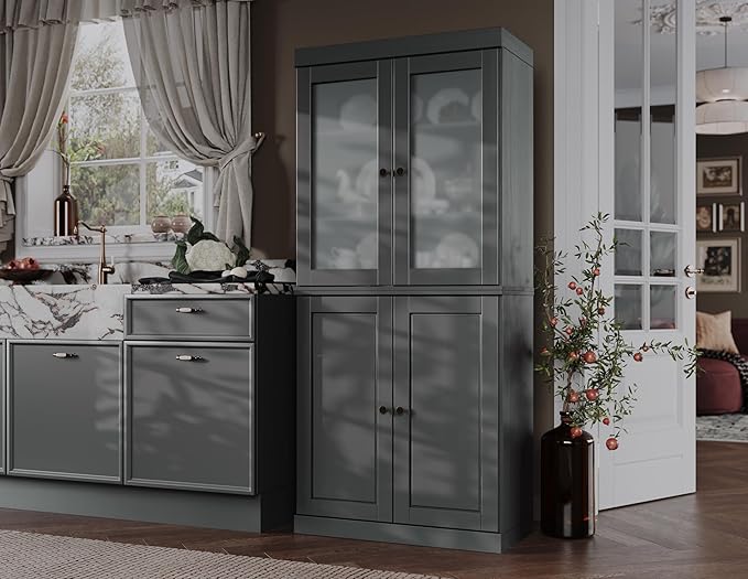 Palace Imports 100% Solid Wood Kitchen Pantry w/ 2 Frosted Glass & Bottom Wooden Storage Cabinet, Gray, 32" w x 71.5" h, Renewable Eco-Friendly Wood, Made in Brazil