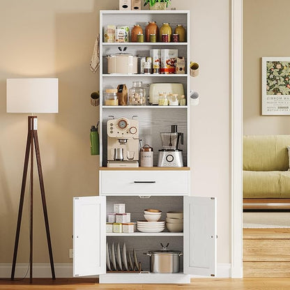 IRONCK Bakers Rack Microwave Stand with Customizable Pegboard and Storage, 71" Farmhouse Coffee Bar Cabinet with Drawer, Barn Doors, Adjustable Shelves for Kitchen, Dining Room, 23.6" White
