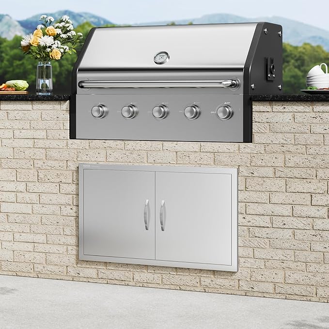 VEVOR BBQ Access Door, 36W x 21H Inch Double Outdoor Kitchen Door, Stainless Steel Flush Mount Door, Wall Vertical Door with Handles, for BBQ Island, Grilling Station, Outside Cabinet, Silver