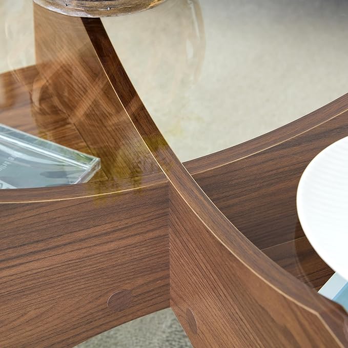 Round Coffee Tables, 31.5" Simple Glass Coffee Table with Tempered Glass Top and MDF Base, Diagonal Fan-Shaped Tray Design Table Leg Modern Center Table for Living Room Walnut