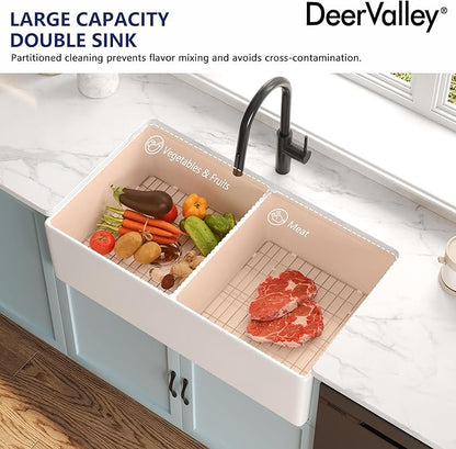 DeerValley Double Bowl Workstation Kitchen Sink 36 inch, Reversible Fireclay Deep Farmhouse Apron Front Kitchen Sinks, White Undermount Farm Sink with Ledge and Accessories