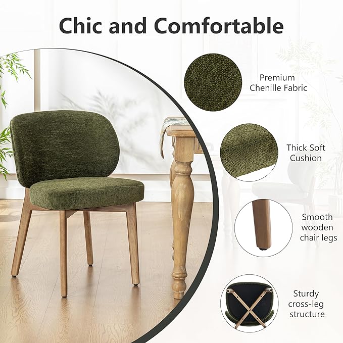 YOUNIKE Olive Green Dining Chair with High Back Set of 3 Mid Century Modern Kitchen Chair Boucle Fabric Upholstered Armless Accent Chair 20" Wide Padded Seat with Wooden Legs for Living Room Bedroom