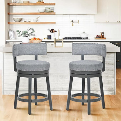 COLAMY Swivel Counter Height Bar Stools Set of 2, 25 Inch Modern Upholstered Kitchen Island Barstools with Back, Wood Swivel Bar Chairs for Counter Bar Dining Room, Grey