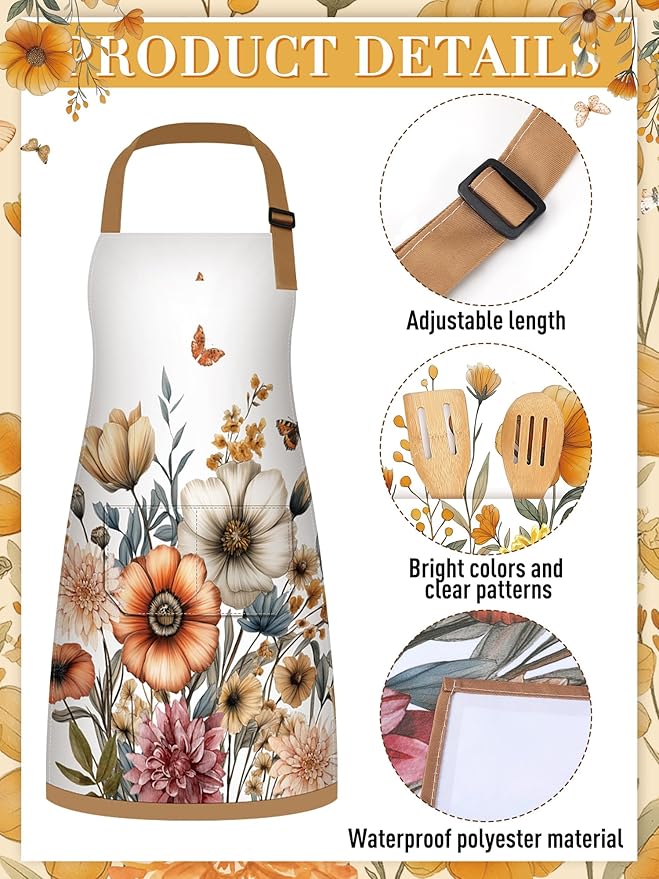 Bencailor 6 Pcs Spring Kitchen Aprons with Pockets Flower Rooster Bee Butterfly Sunflower Summer Aprons Bulk for Women(Brown,Fall)