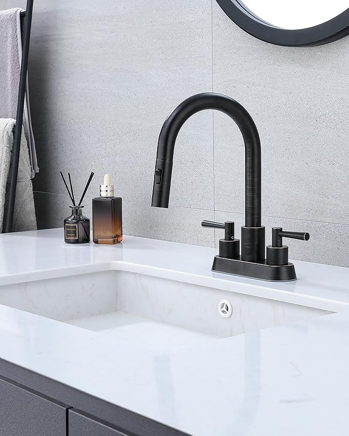 Bathroom Faucet with Pull Out Sprayer, Oil Rubbed Bronze Bathroom Faucet 3 Holes, 2 Handle Bathroom Sink Faucet with 360 Degree Swivel Spout, Pop Up Drain Assembly Included
