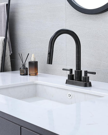 Bathroom Faucet with Pull Out Sprayer, Oil Rubbed Bronze Bathroom Faucet 3 Holes, 2 Handle Bathroom Sink Faucet with 360 Degree Swivel Spout, Pop Up Drain Assembly Included