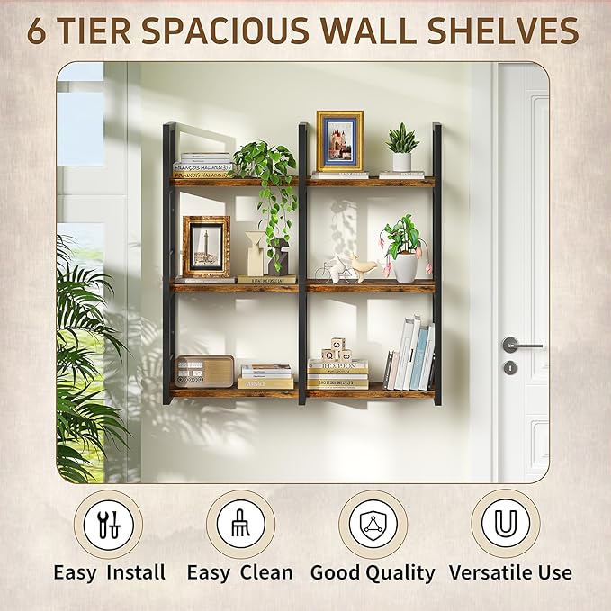 31.5 Inch Floating Shelves, 6 Tier Wood Shelves for Wall, Heavy Duty Wide Wall Mount Shelves for Living Room Bedroom Kitchen Classroom, Rustic Brown