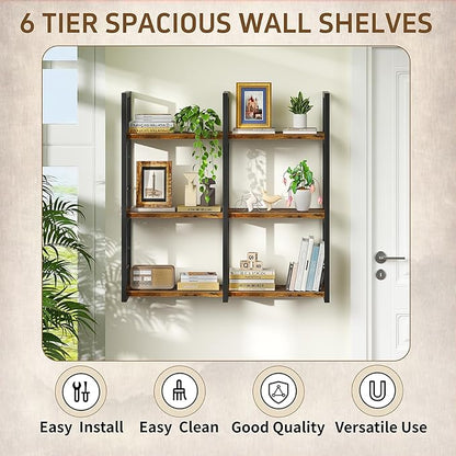 31.5 Inch Floating Shelves, 6 Tier Wood Shelves for Wall, Heavy Duty Wide Wall Mount Shelves for Living Room Bedroom Kitchen Classroom, Rustic Brown
