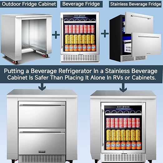 BODEGA Stainless Steel Commercial Restaurant Sinks Cabinet and Outdoor Kitchen Cabinet for Refrigerator Combo, Freestanding Utility Sink with Brake-Wheels & Spice-Rack, for Home, Kitchen, RV.