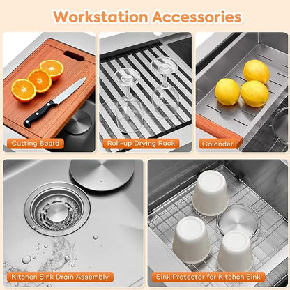 Farmhouse Kitchen Sink 33 x 22 Drop In, 50/50 Double Bowl Farm Sinks, 16 Gauge Stainless Steel Workstation Sink with Ledge & Accessories, 33" x 22" x 10" Large and Deep Double Sink