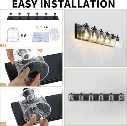 Vanity Lights for Bathroom Large 48 inch, Farmhouse Rustic Vanity Light with Bubble Glass Shades, Black 6 Light Bathroom Lighting Fixtures Over Mirror, Bath Wall Sconce Home Decor