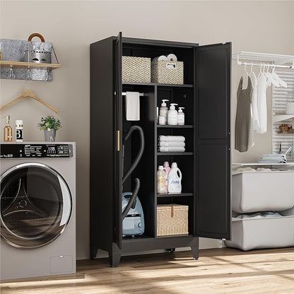 Metal Combination Cabinet, Utility Storage Cabinet with 4 Shelves, Farmhouse Pantry Closet with Doors, 71" Tall Storage Cabinets with Hanging Rod and Clothing Shelf for Hallway Laundry Mudroom