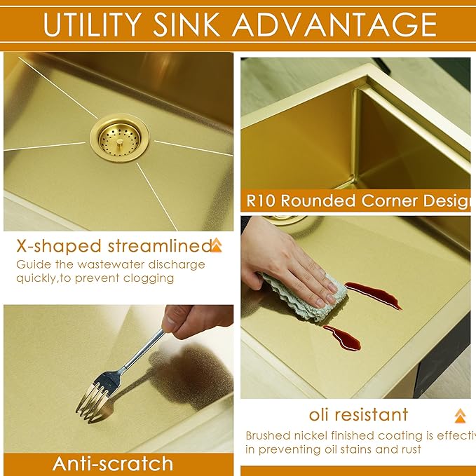 HEARCATE 33 Inch Luxury Gold Farmhouse Sink 16 Gauge Stainless Steel Workstation Undermount Apron Front Gold Kitchen Sink 10 Inch Deep Single Bowl Farm Sink
