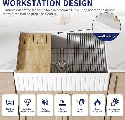 DeerValley 33" L x 20" W Farmhouse Workstation Kitchen Sink, Reversible Fireclay Deep Single Bowl Apron Front Kitchen Sink, White Undermount Farm Sink with Ledge and Accessories