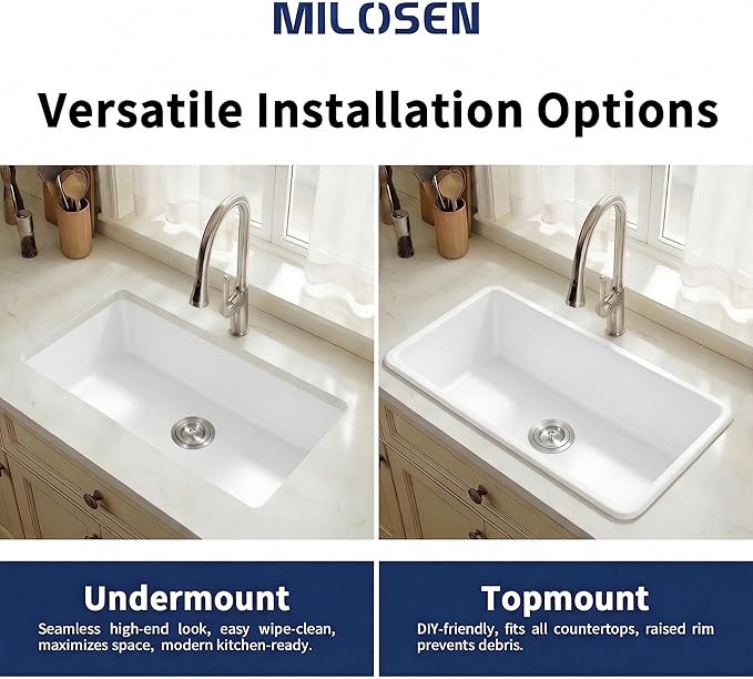 MILOSEN White Undermount Kitchen Sink, 30"x18" Granite Composite Single Bowl Kitchen Sinks, 9" Deep Large Undermount/Drop In Sink with Accessories, White Quartz Kitchen Sinks for Modern Kitchen