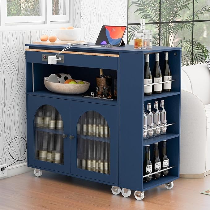 Modern Dining Table Kitchen Island on Wheels with Extended Adjustable Sturdy Stable Easy Clean Luxury Counter Console Decor Living,Blue-MDF