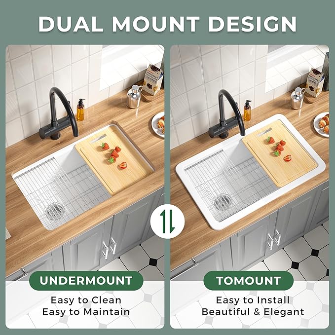 Offset Drain White Fireclay Undermount Workstation Kitchen Sink 30 Inch, Topmount White Undermount Sink 30''x19''x10'' Drop In, Deep Single Bowl Heavy Duty, Dual Mount, for Kitchen, Island