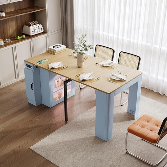 Extendable Dining Table with 3 Removable Middle Leaves, Mobile Rolling Island Table with Power Outlet, Rolling Kitchen Cart with Storage for Dining Room and Living Room (Grey Blue and Natural)