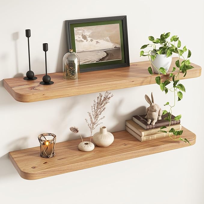 Reclaimed Elm Wood Floating Shelves for Wall Round Edge, 36"W x 9.2"D x 1.37"H, Set of 2 with Invisible Bracket, Wall Mounted Shelves for Living Room Bedroom Kitchen Bathroom Decor, Natural Finish
