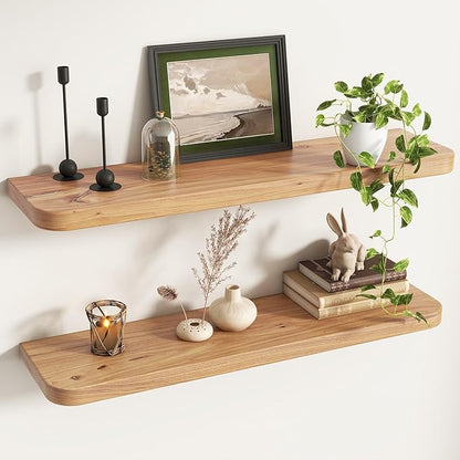 Reclaimed Elm Wood Floating Shelves for Wall Round Edge, 36"W x 9.2"D x 1.37"H, Set of 2 with Invisible Bracket, Wall Mounted Shelves for Living Room Bedroom Kitchen Bathroom Decor, Natural Finish