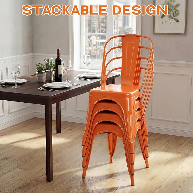 Shahoo Metal Dining Chairs Classic Iron Stackable Industrial Vintage Trattoria with Back, Indoor-Outdoor Side Settee for Home Bistro Cafe Kitchen Restaurant Set of 4, Orange
