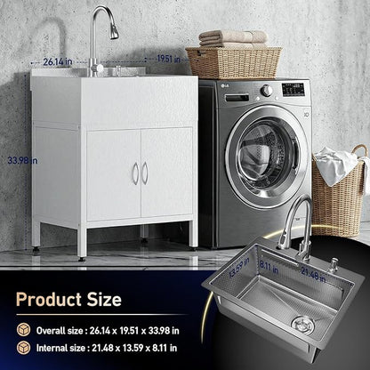 26" Freestanding Stainless Steel Utility Sink with Cabinet, Heavy-Duty Commercial Sink with Retractable Cold and Hot Water Faucet, Single-Bowl Kitchen Sink for Workshop, Garage, Laundry Room