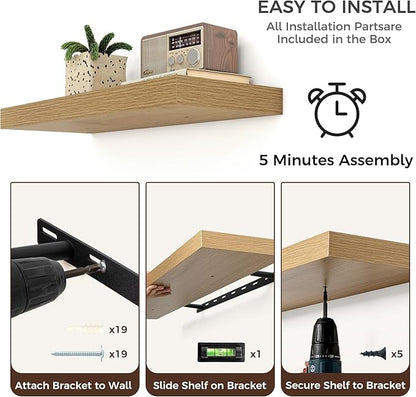 Venusmiles Floating Shelves for Wall, Engineered Wood Wall Shelves with Invisible Brackets for Living Room Bedroom Bathroom Office Kitchen Decor and Storage (Oak, 36" W x 9" D x 1.5" H) Set of 2