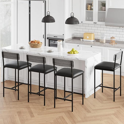 TrailBlaze Bar Stools Set of 4, 25.5'' Counter Height PU Upholstered Barstools with Backrest & Footrest, Modern Metal Legs - Kitchen Island, Dining Room, Apartment - Easy Assembly - Rustic Grey