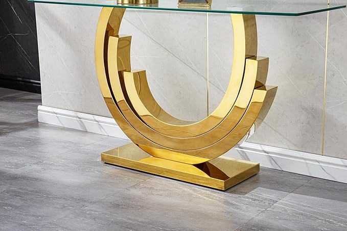Modern Glass Console Table, 55" Entryway Sofa Table with Gold Stainless Steel Frame and Clear Tempered Glass Top, Rectangular Console Table Accent Entryway Table for Living Room