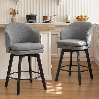 Counter Height Barstools 26 inch Upholstered Swivel Bar Stools with Back and Wood Legs for Kitchen Island,Set of 4,Dark Grey Fabric