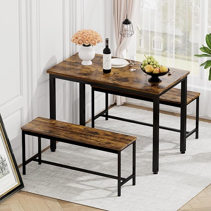Industrial Style 3 PCS Kitchen Table Set, 43.3" L Dining Table with 2 Benches, Rustic Brown