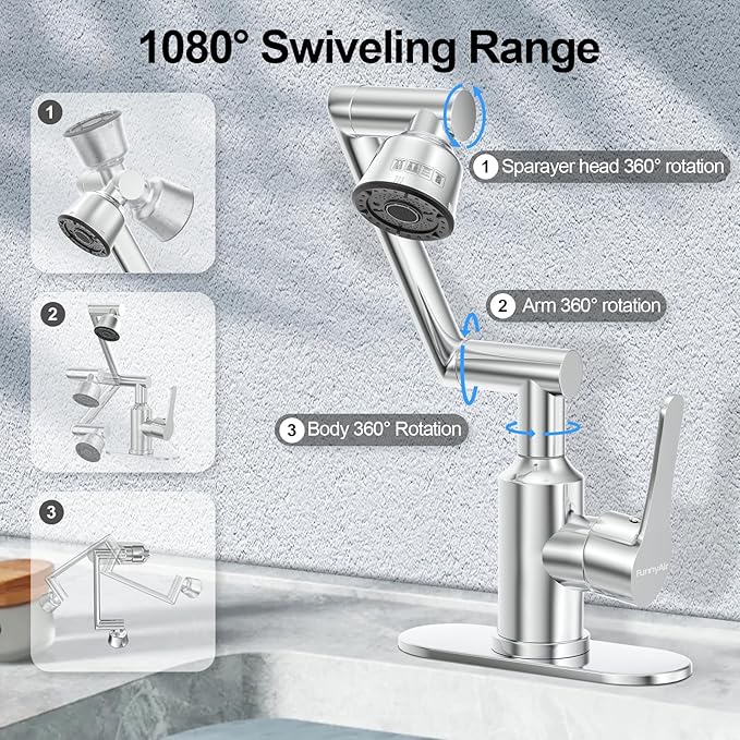 Bathroom Sink Faucet, FunnyAir Stainless Steel 1080° Rotatable Faucet for Sink 1 Hole or 3 Holes, Modern Style Single Handle Bathroom Faucets with Hot and Cold Hoses, Silver