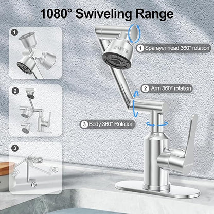 Bathroom Sink Faucet, FunnyAir Stainless Steel 1080° Rotatable Faucet for Sink 1 Hole or 3 Holes, Modern Style Single Handle Bathroom Faucets with Hot and Cold Hoses, Silver