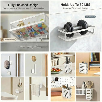PUSDON 5-in-1 Shower Caddy & Kitchen Organizer Set, Wall Mount Wide Spice Rack with Paper Towel Holder, Utensil Holder, Soap Dish, Rustproof Mesh Baskets Hold 50LBS - White, Guardrail