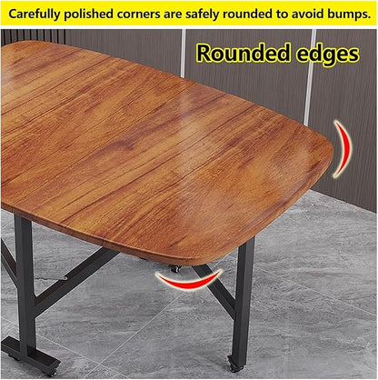 Wooden Foldable Kitchen Table with 6Wheels, Multifunction Table Drop Leaf Dining Table, Multifunction Expandable Folding Table for Small Spaces Kitchen, Bedroom, Living Room, Carbon Steel Pipe Bracket
