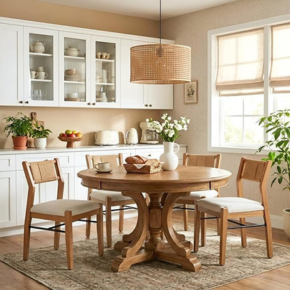 RIVOVA Farmhouse Woven Dining Chairs Set of 4 with Weave Paper Rope Back, Beige Linen Upholstered Kitchen & Dining Room Chairs with Natural Wood Legs, Mid-Century Armless Kitchen Side Chair