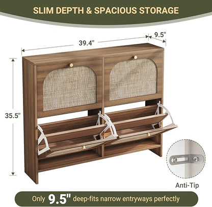 Nicetree Freestanding Ultra Slim Fluted Accent Shoe Storage Cabinet for Entryway - 4 Flip Drawers & 3-Tier Adjustable Shelves, Farmhouse Modern Rustic Shoe Rack for Hallway, Foyer, Living Room