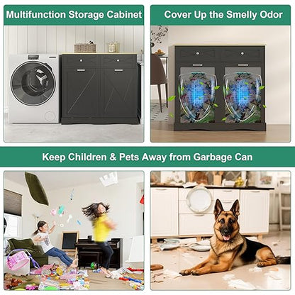 kepptory Tilt Out Trash Can Cabinet for 12 Gallon Trash Can, Modern Kitchen Island Cabinet with Adjustable Shelf and 2 Drawers for Hidden Laundry Basket, Dog Proof Garbage Can, Black