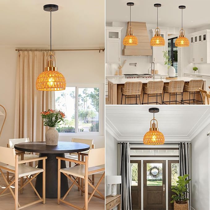 9.45" Boho Gold Rattan Pendant Light Modern Vintage Dome Farmhouse Pendant Light Fixtures Hand Woven Golden Bamboo Wicker Pendant Lights for Kitchen Island, Dining Room, Bedroom, Hallway