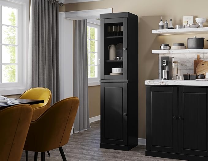 Palace Imports Solid Wood Kitchen Pantry - Narrow Storage Cabinet - 16.5" Wide x 71.5" Tall - 1 Raised Panel & 1 Glass Door, Black, Adjustable Shelves, 100% Eco-Friendly Wood, Modular Cabinets